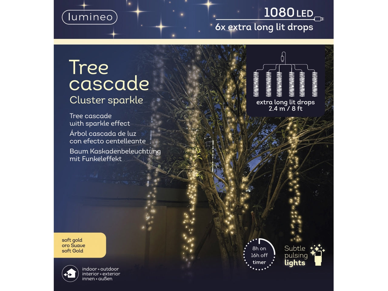 Tenda luci a cascata 1080led oro soft effetto scintillante 6 fili neri con luci a grappoli 240x240cm per uso esterno