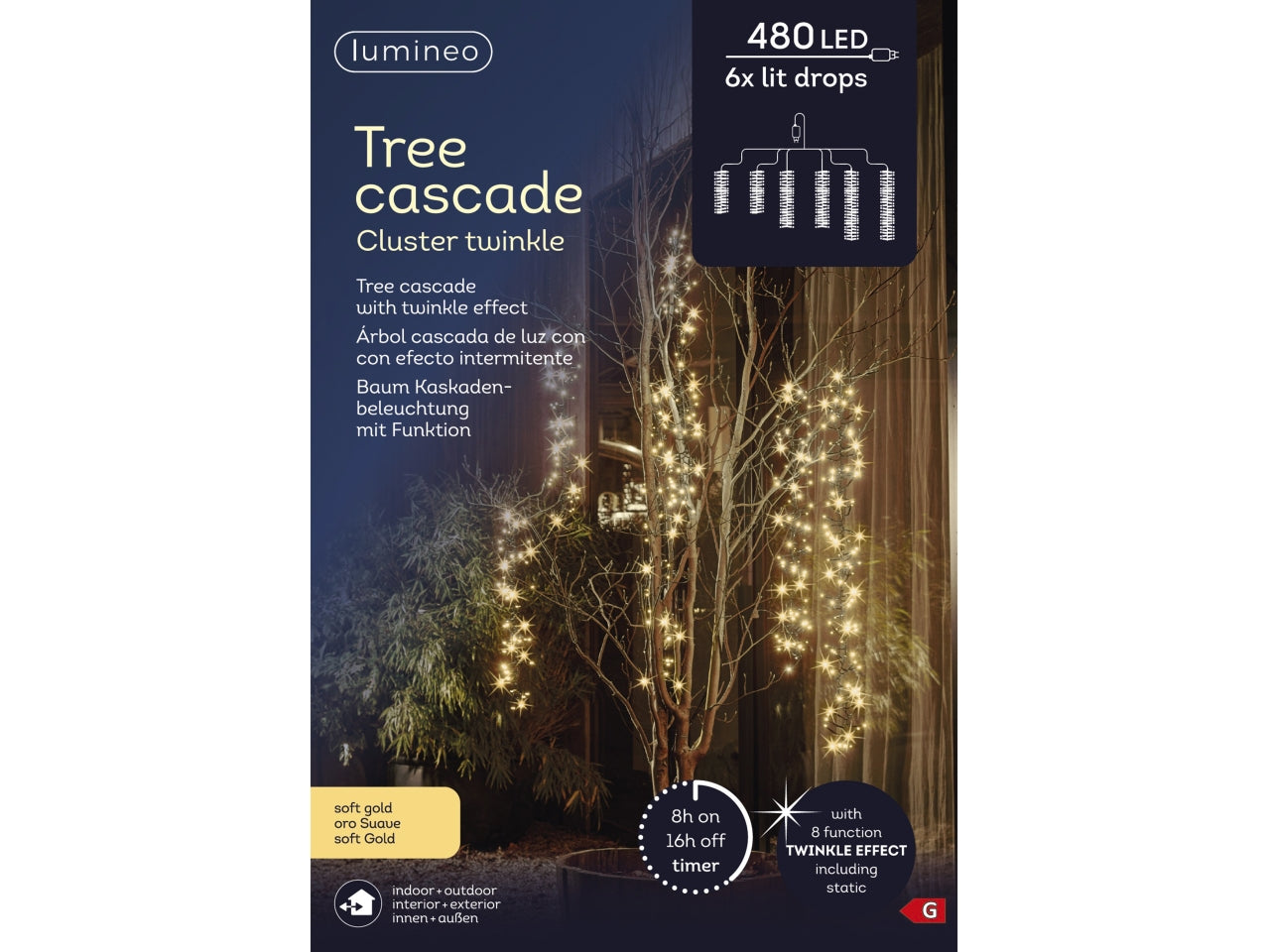 Tenda luci 480led oro soft 8 funzioni scintillante 6 fili neri con luci a grappolo 200xh.100cm