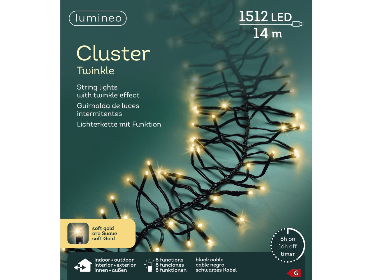 Catena luci 1512led a grappolo oro soft 8 funzioni 14mt filo nero per uso interno/esterno