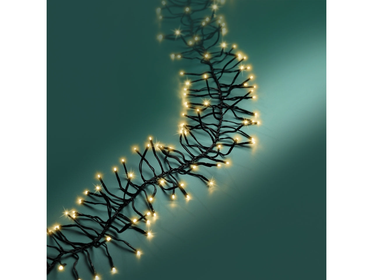 Catena luci 2400led a grappolo oro soft 8 funzioni 19mt filo nero per uso interno/esterno