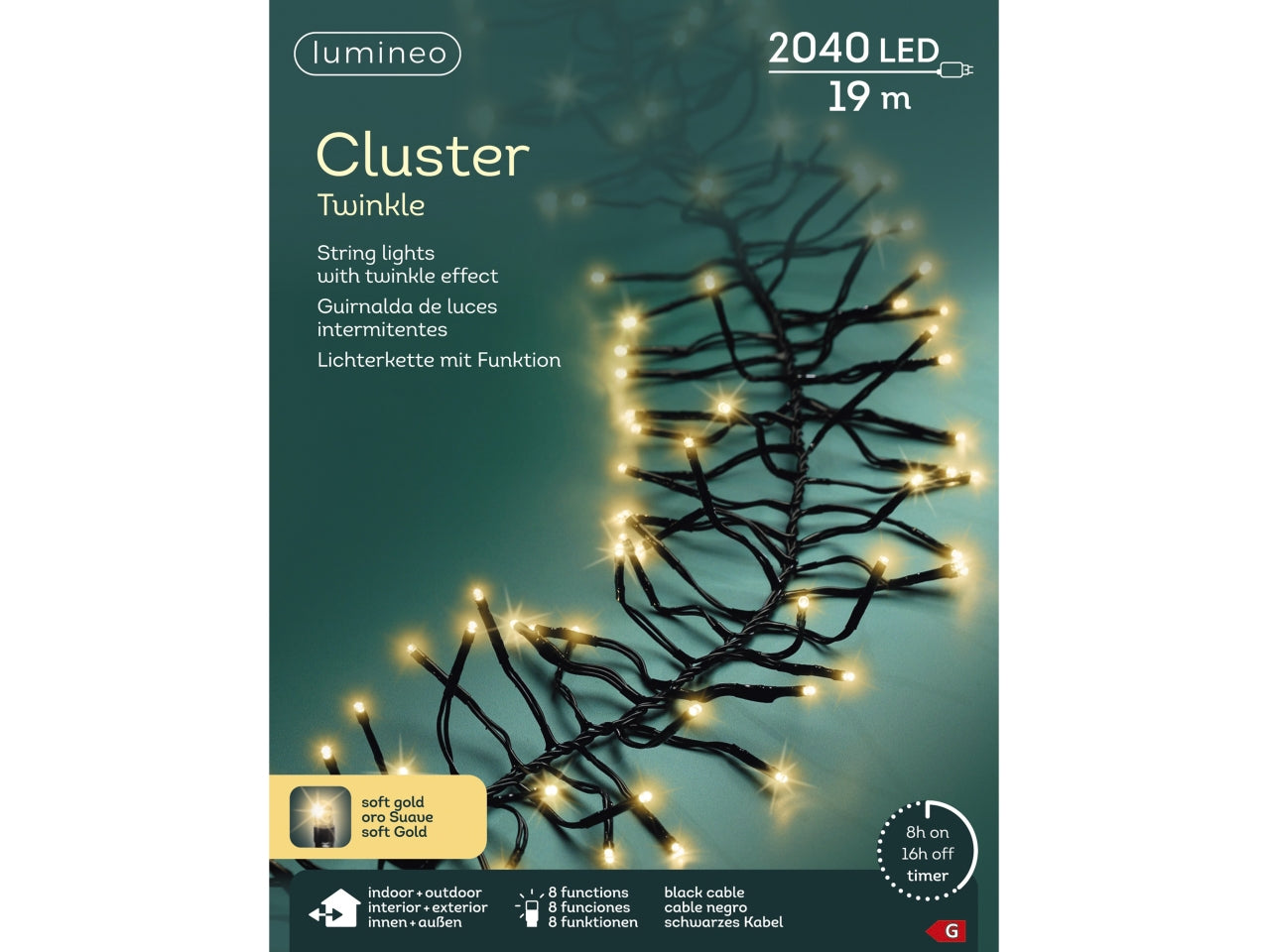 Catena luci 2400led a grappolo oro soft 8 funzioni 19mt filo nero per uso interno/esterno