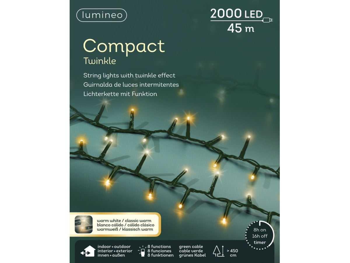 Catena luci 2000led bianco caldo e bianco freddo 8 funzioni 45mt filo verde per uso interno/esterno