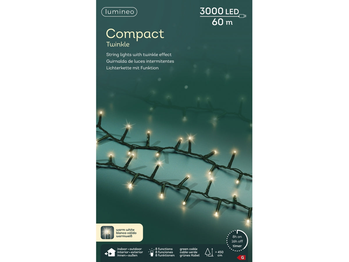 Catena luci 3000led bianco caldo 8 funzioni 60mt filo verde per uso interno/esterno