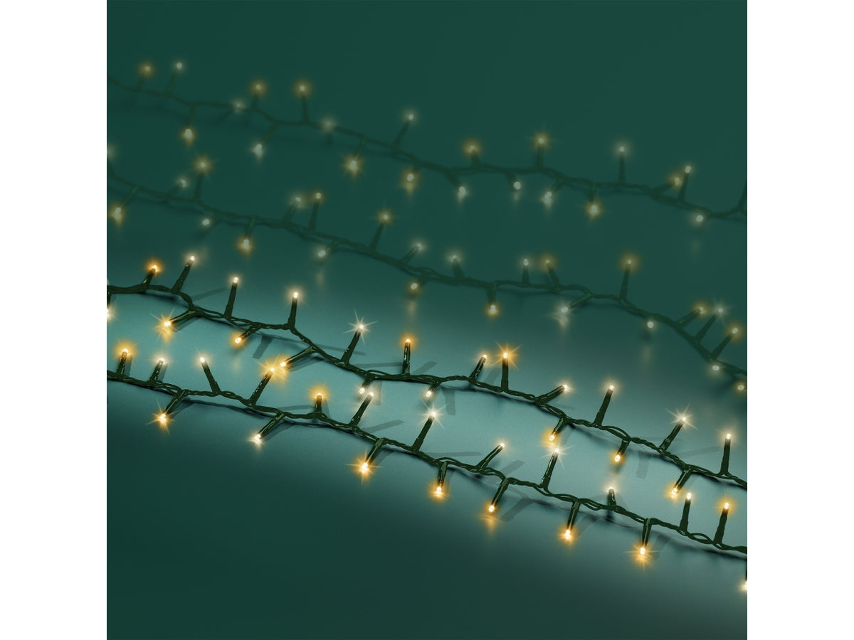 Catena luci 3000led bianco caldo e bianco freddo 8 funzioni 60mt filo verde per uso interno/esterno