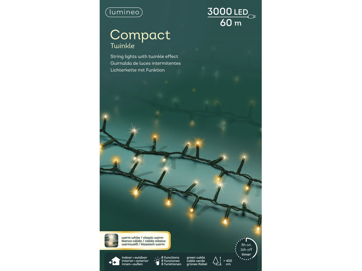 Catena luci 3000led bianco caldo e bianco freddo 8 funzioni 60mt filo verde per uso interno/esterno