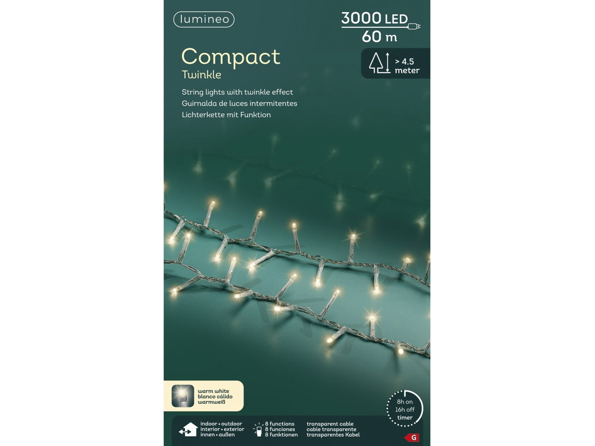 Catena luci 3000led bianco caldo 8 funzioni 60mt filo trasparente per uso interno/esterno