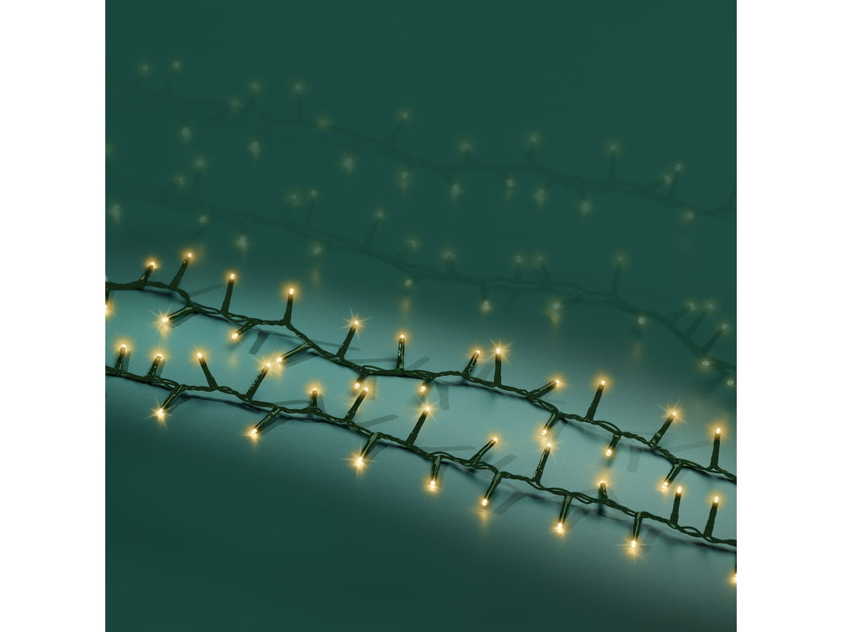 Catena luci 1000led oro soft 8 funzioni 22,5mt filo verde per uso interno/esterno