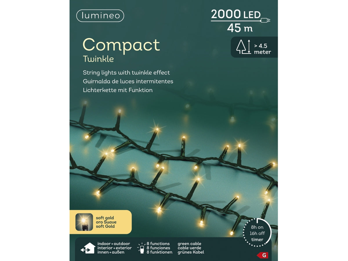 Catena luci 2000led oro soft 8 funzioni 45mt filo verde per uso interno/esterno
