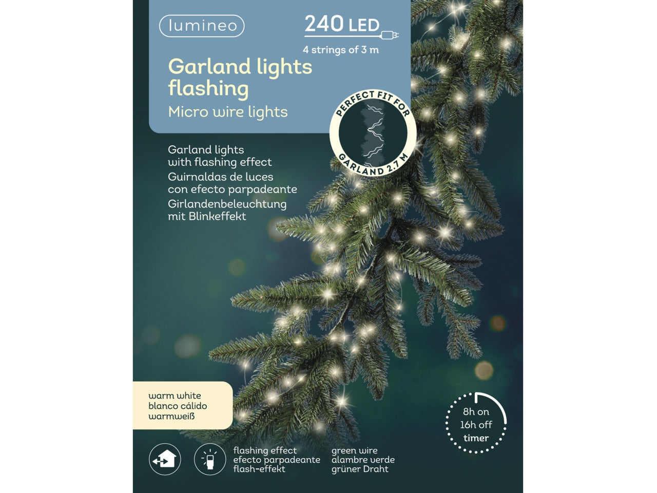 Catena luci ghirlanda 240led bianco caldo effetto lampeggiante con 4 fili verdi da 3mt per uso interno/esterno