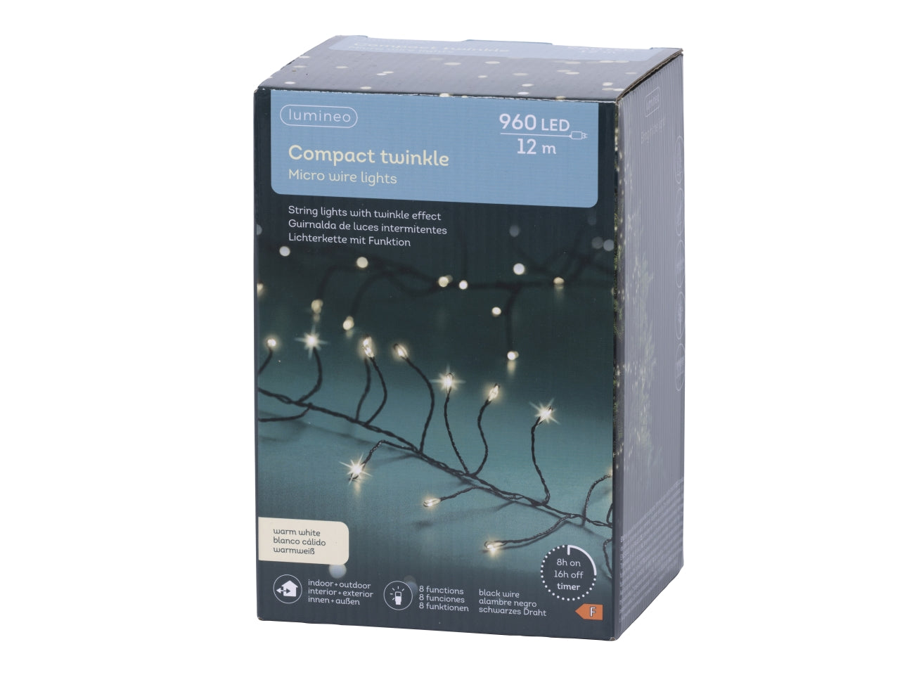 Catena luci con filo metallo nero 960led bianco caldo 8 funzioni 12mt per uso interno/esterno