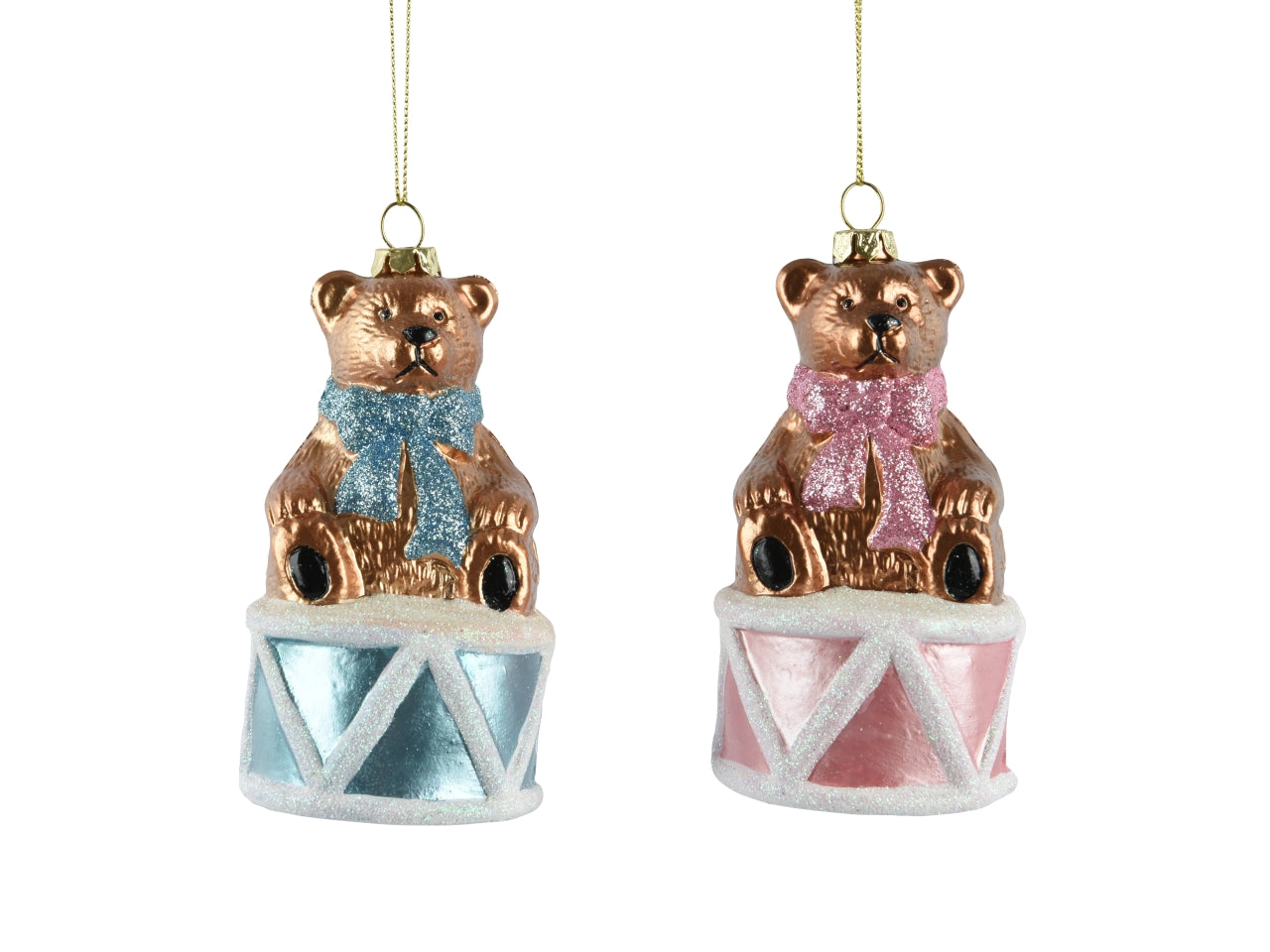 Appendino orso con tamburo 12,5cm rosa e celeste