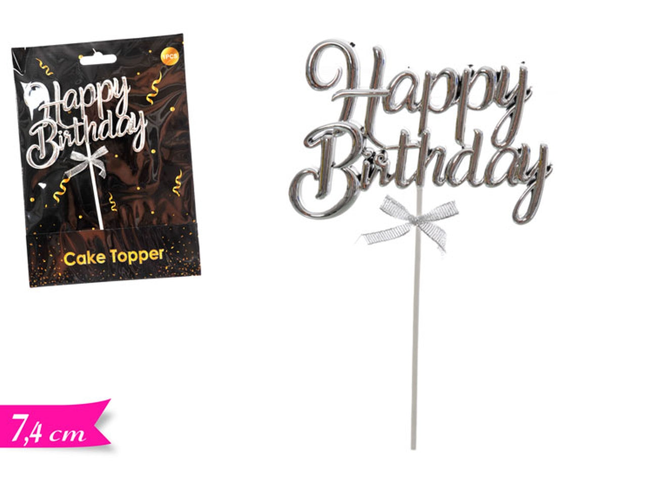 Cake topper happy birthday silver