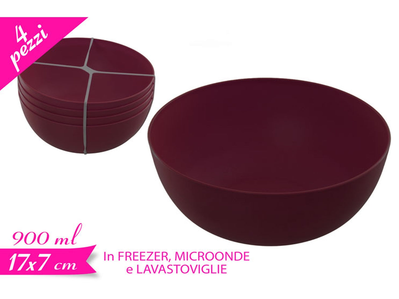 Set 4 scodelle in plastica riutilizzabile, colore porpora raffinato per zuppe, cereali e insalate$