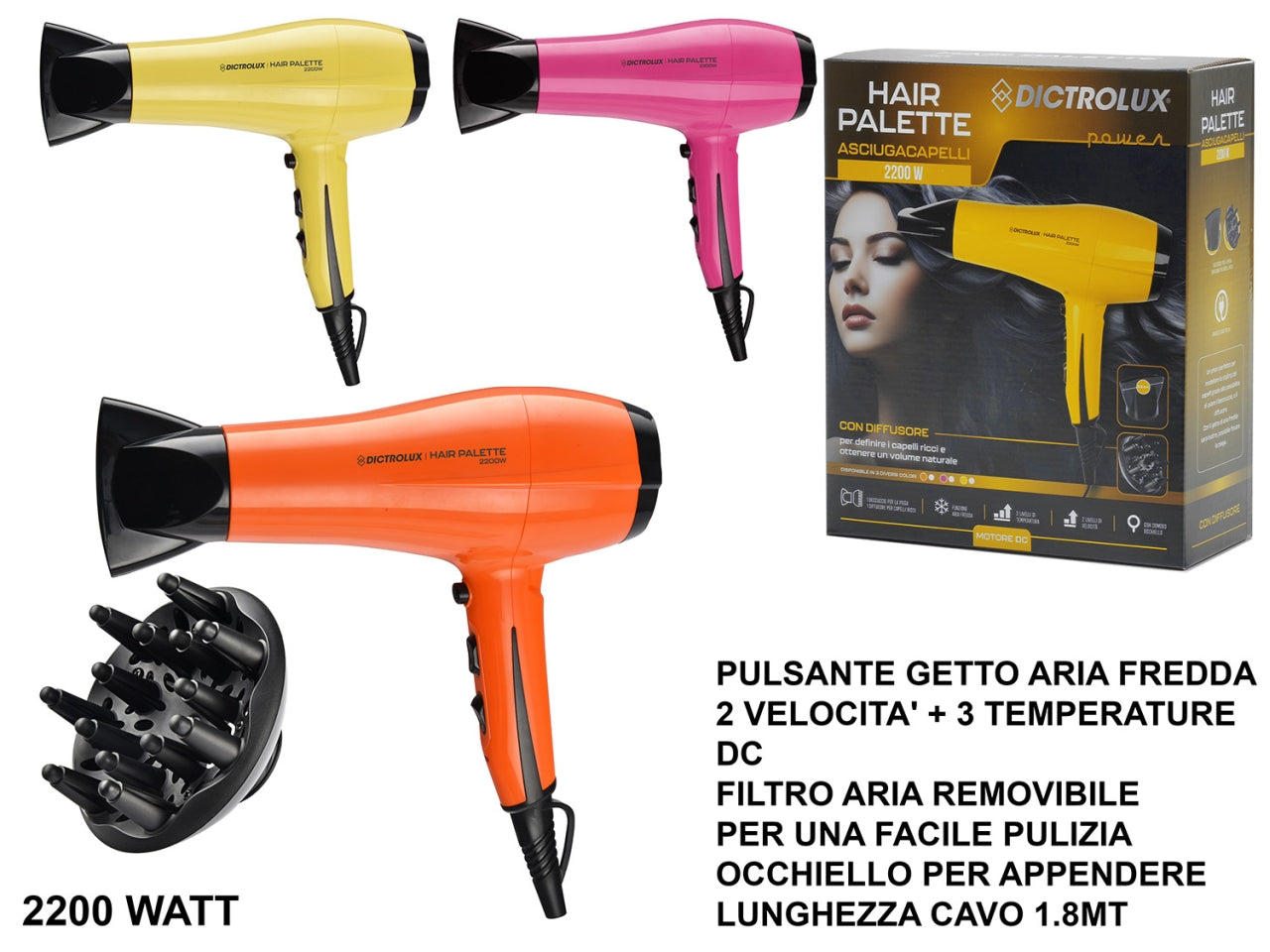 Phon hair palette con diffusore 2200w in 3 assortimenti
