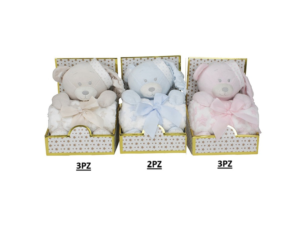 Plaid 100x75cm con peluche 25cm in 3 assortimenti