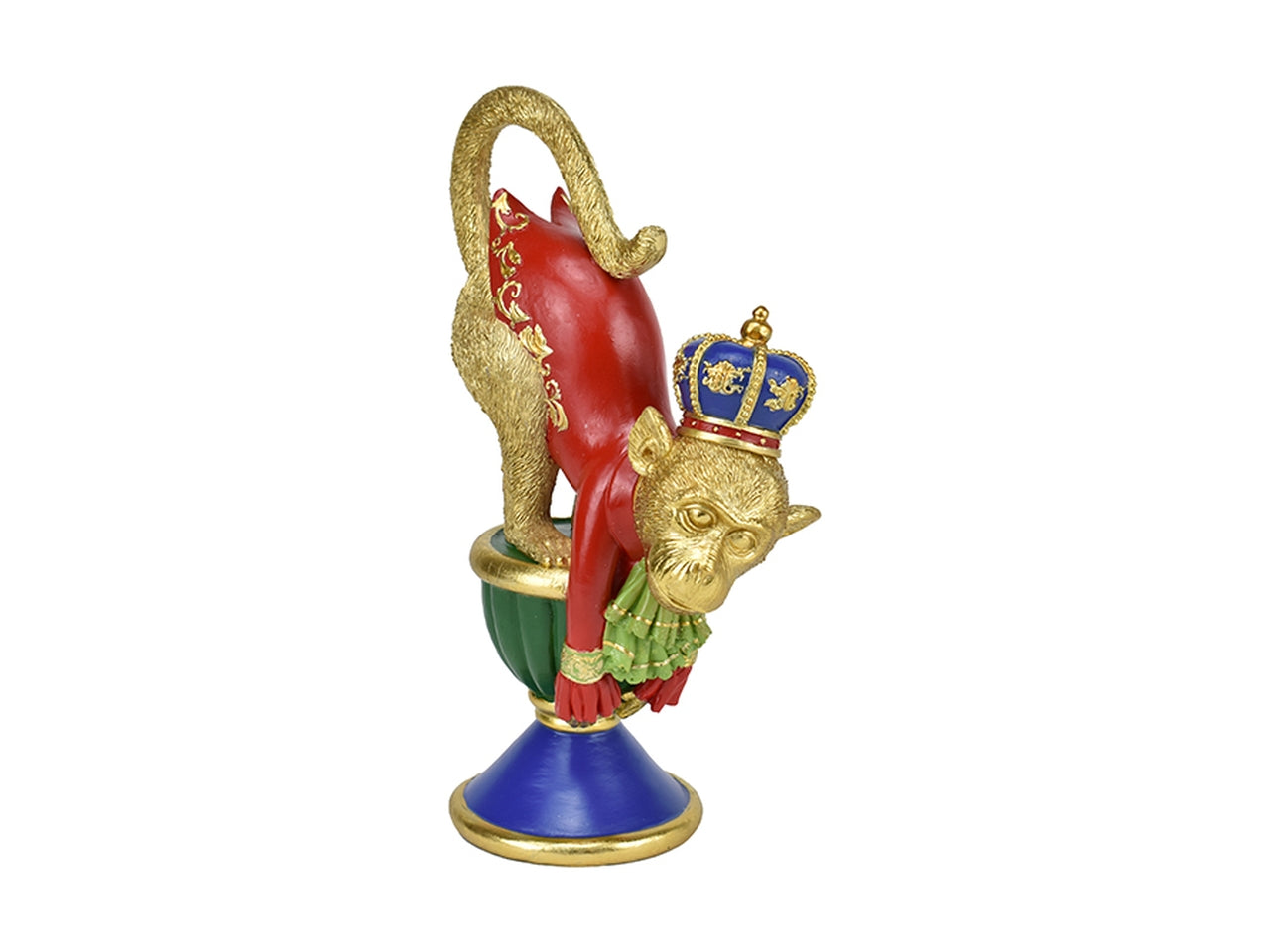 Scimmia in resina 28,5cm oro con vestiti verde e rosso