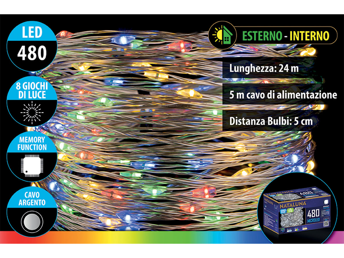 Catena lineare da 480microled multicolor 24mt+5mt per uso interno/esterno con 8 funzioni, cavo argento