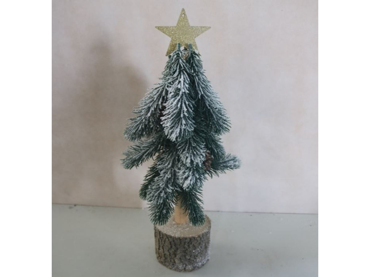 Albero 46cm innevato con base in legno, pigne e bacche