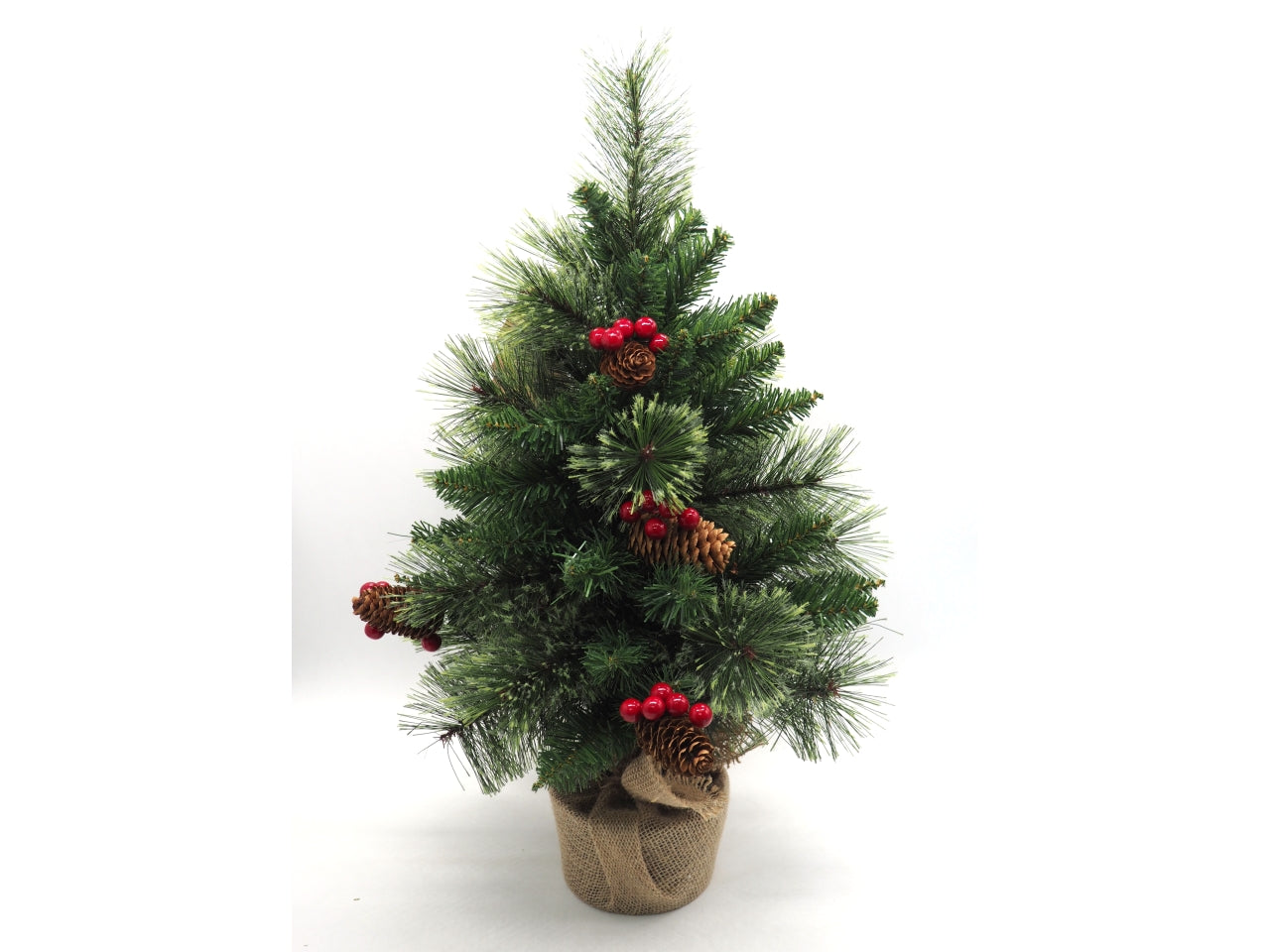 Albero pino 60cm 72tips con bacche e base juta