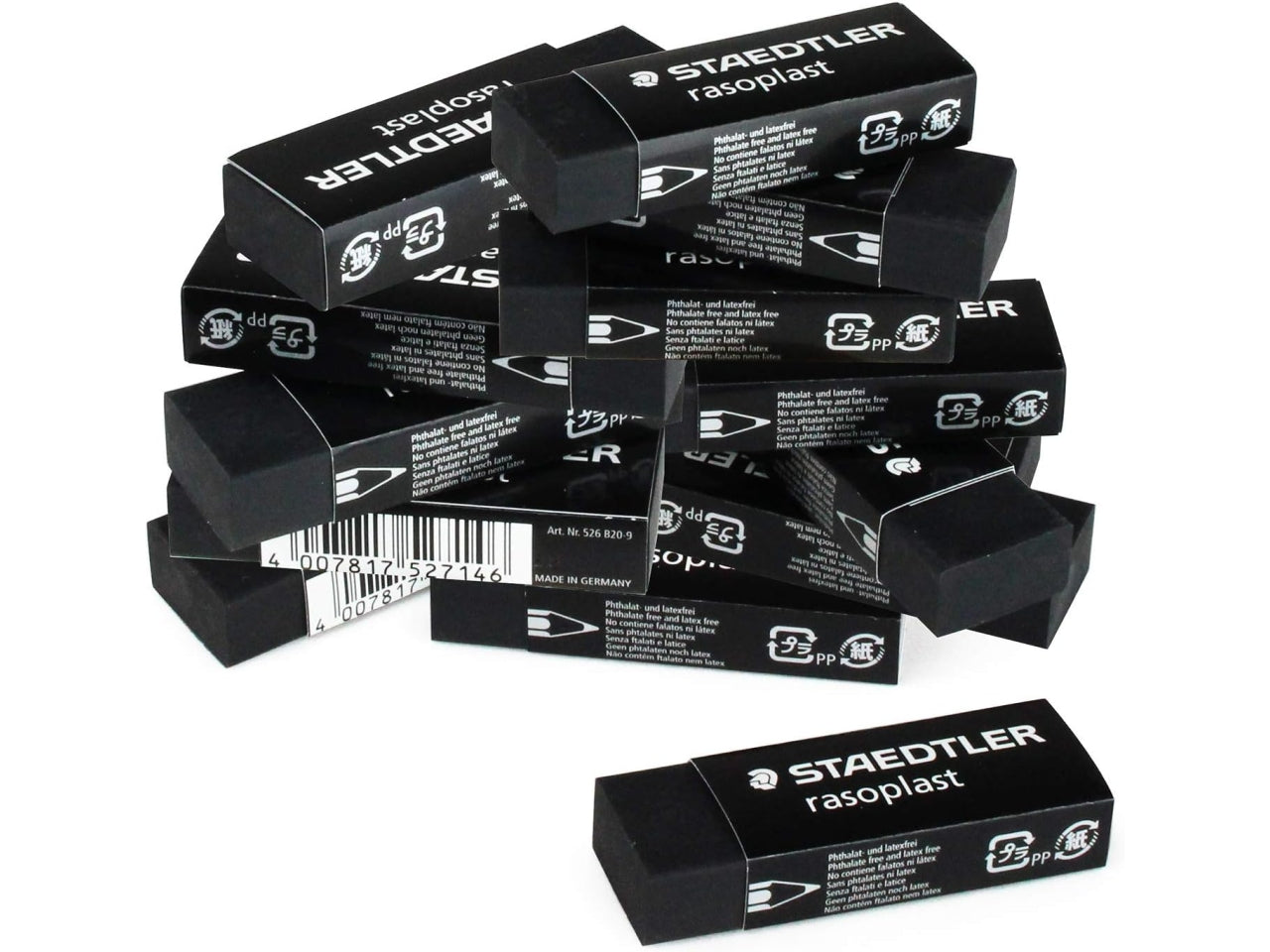 Gomma Rasoplast di colore nera gomma da cancellare di alta qualitÃ , progettata specificamente per matite e ideale per il disegno tecnico e grafico, la confezione contiene 20 gonne.