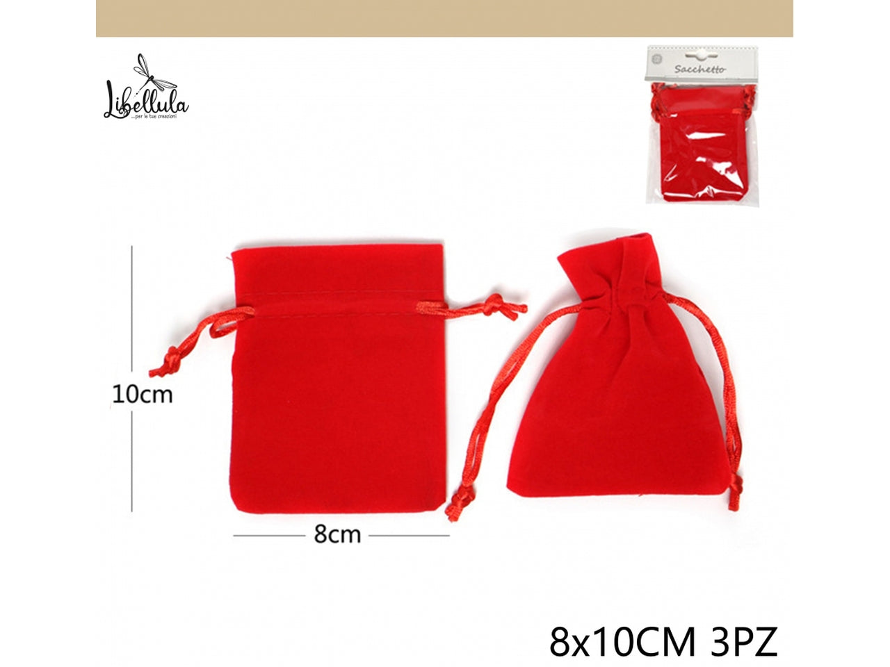 Sacchetto rosso 8x10cm, confezione da 3 pezzi