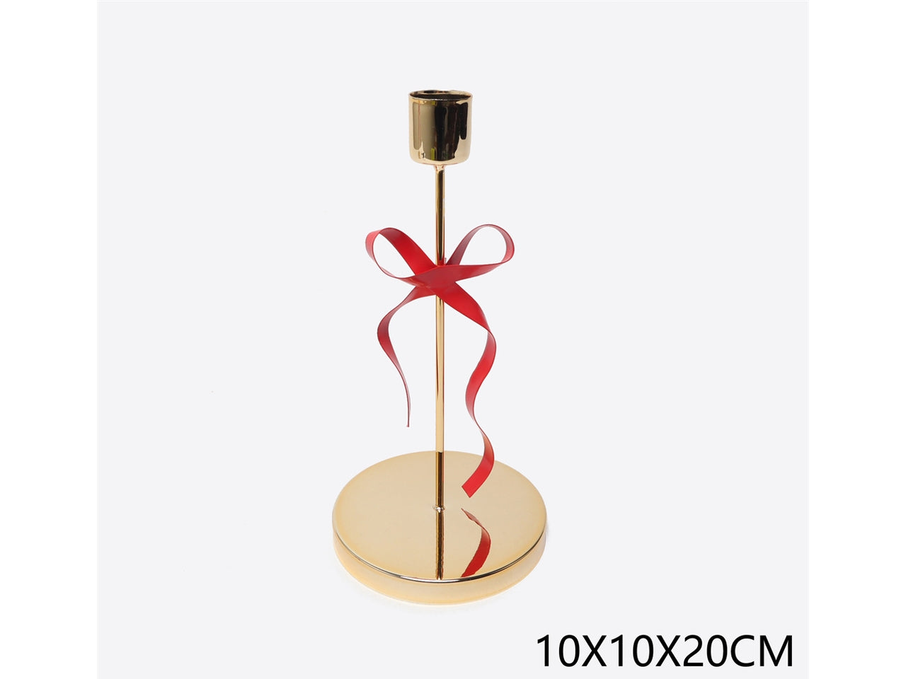 Portacandele 10xh.30cm 1posto in metallo oro con fiocco rosso