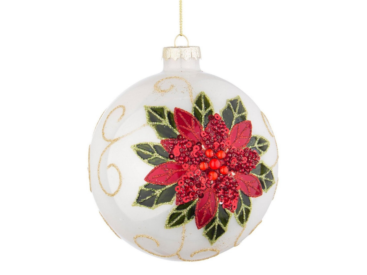 Palla in vetro10cm bianca con fiore rosso