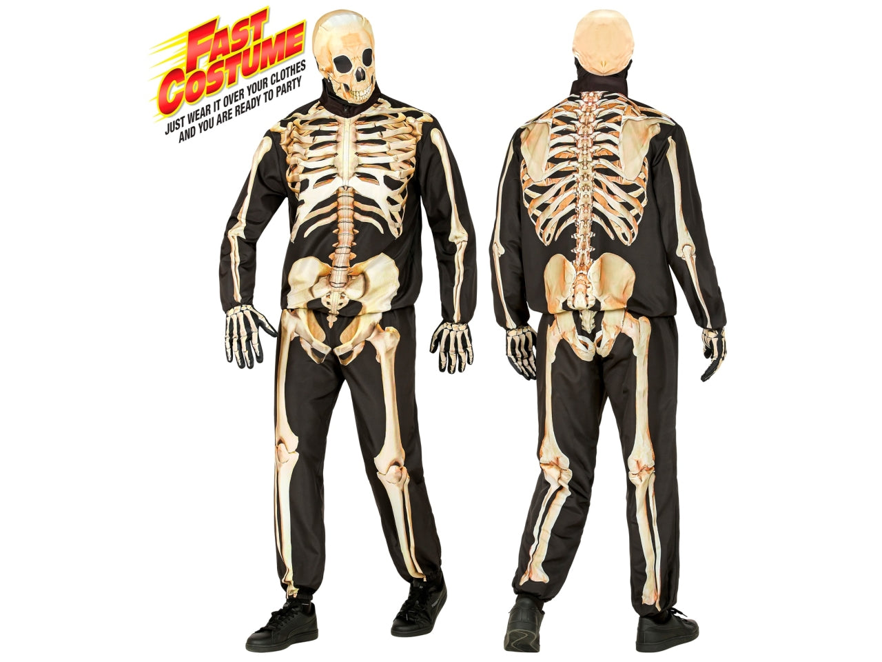 Costume scheletro fast con giacca, pantaloni, guanti e maschera taglia XL