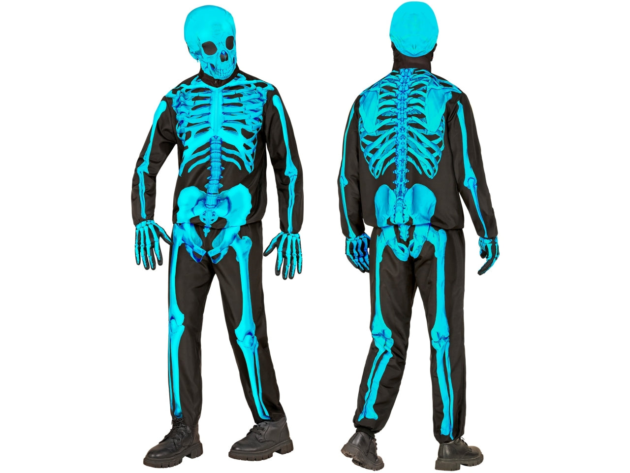 Costume scheletro fluorescente con giacca, pantaloni, guanti e maschera taglia 128cm/5-7anni