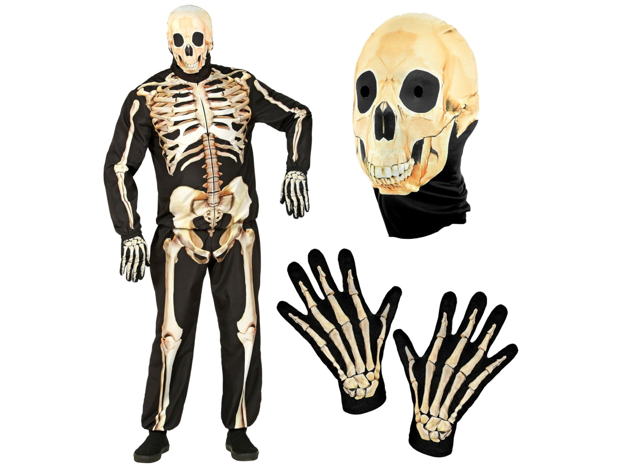 Costume scheletro con giacca, pantaloni, guanti e maschera taglia 140cm/8-10anni