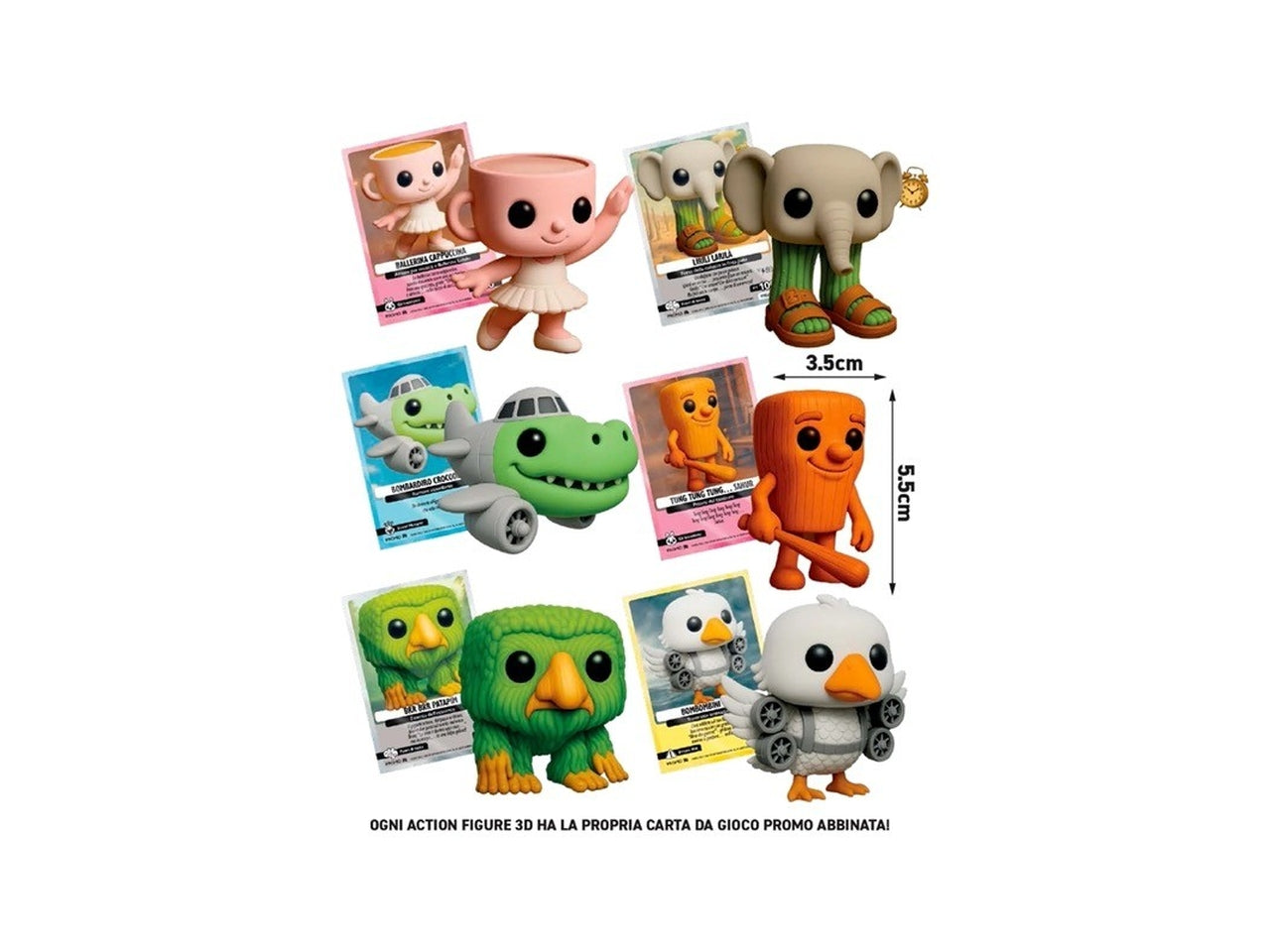 Brainrot bustina con 1 carta da gioco promozionale e 1 action figure 3D con moschettone.