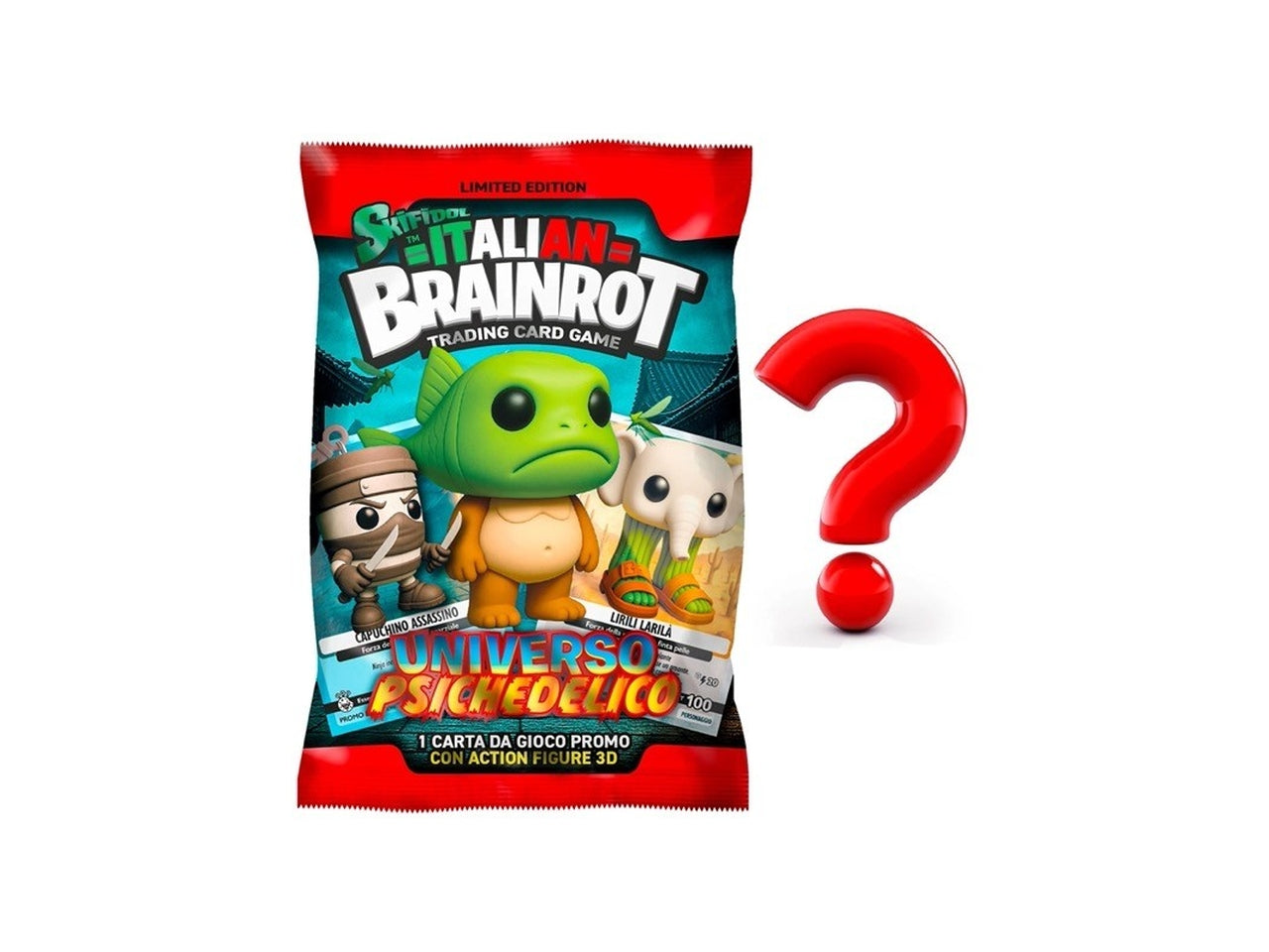 Brainrot bustina con 1 carta da gioco promozionale e 1 action figure 3D con moschettone.