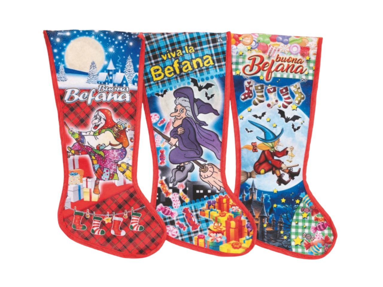 Calza befana 38cm in poliestere con scritta buona befana in 3 modelli assortiti