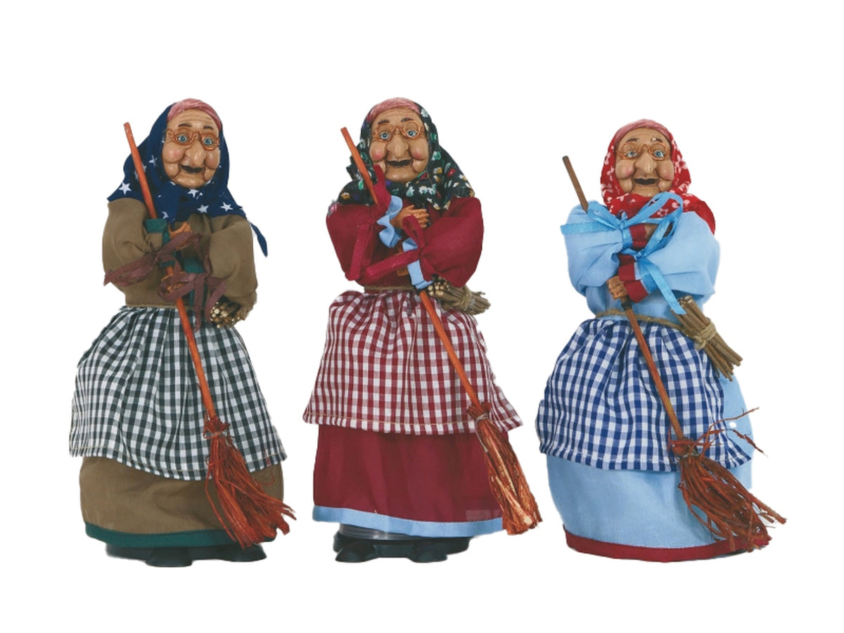 Befana 25cm con grembiule portacaramelle, 3 modelli assortiti