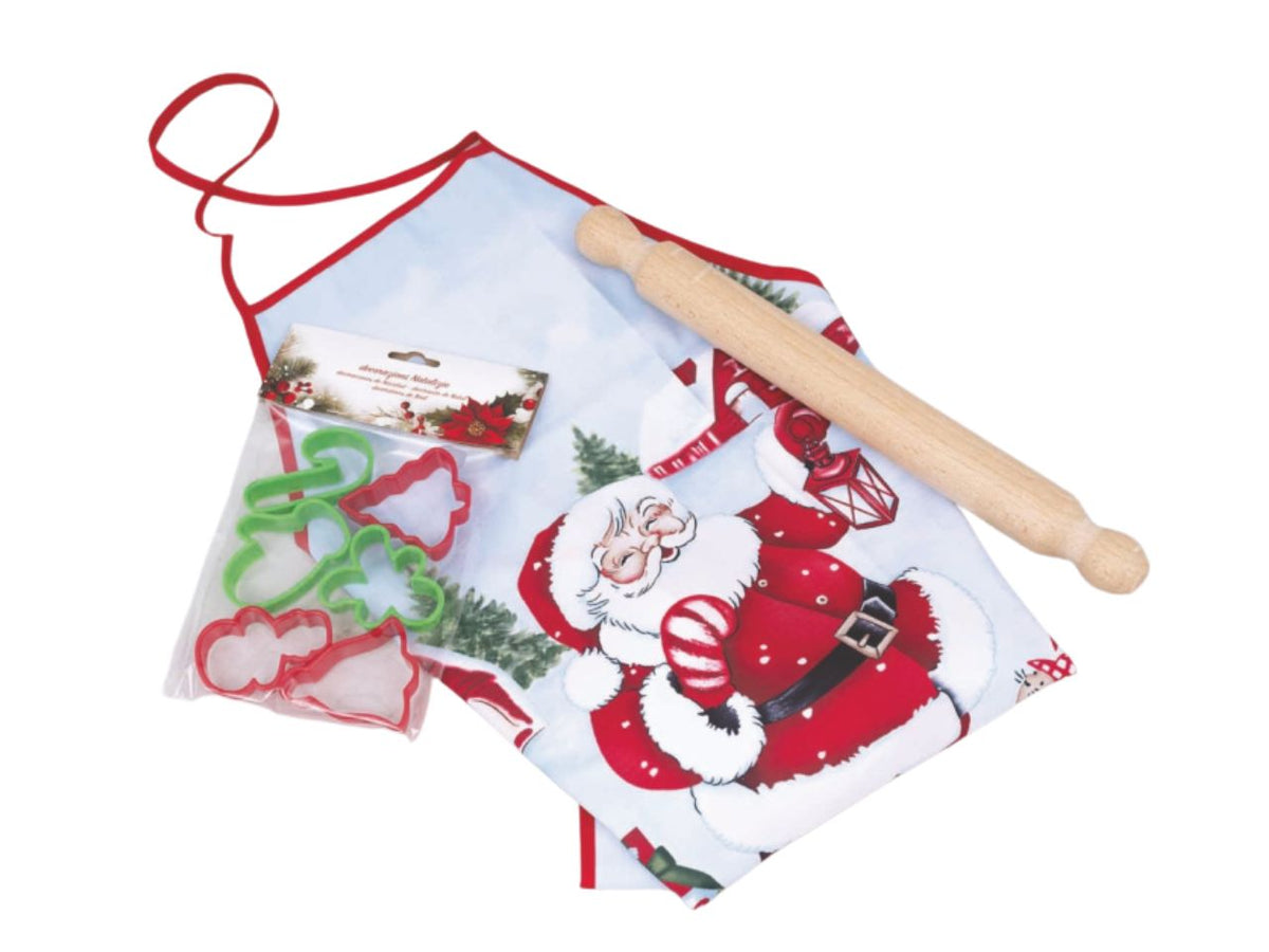 Grembiule, formine e matterello con babbo natale