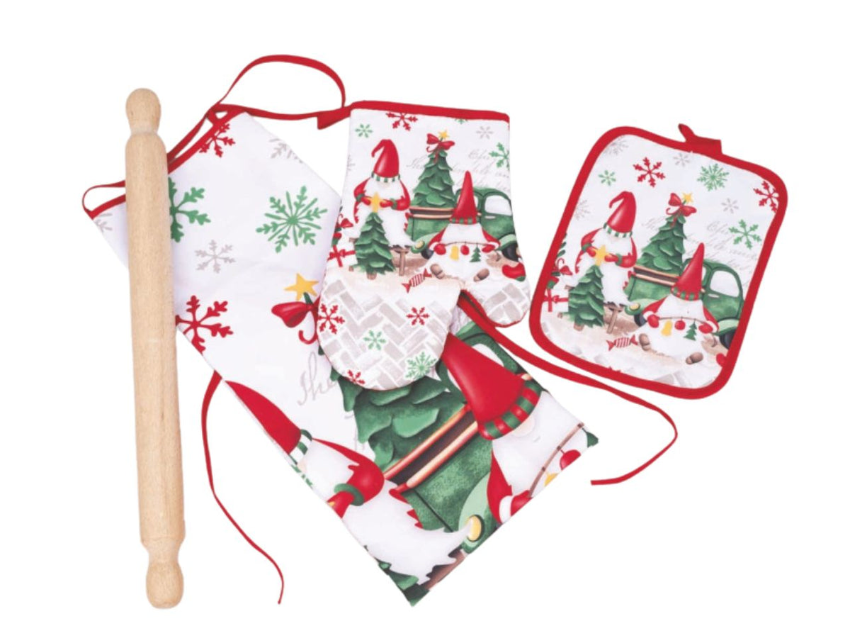 Grembiule, guanto, presina e mattarello con babbo natale