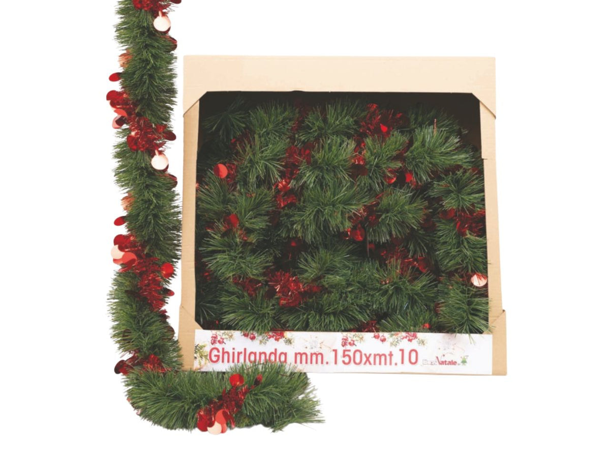Filo decorativo natalizio 10mt diametro 12cm verde con sfere rosse
