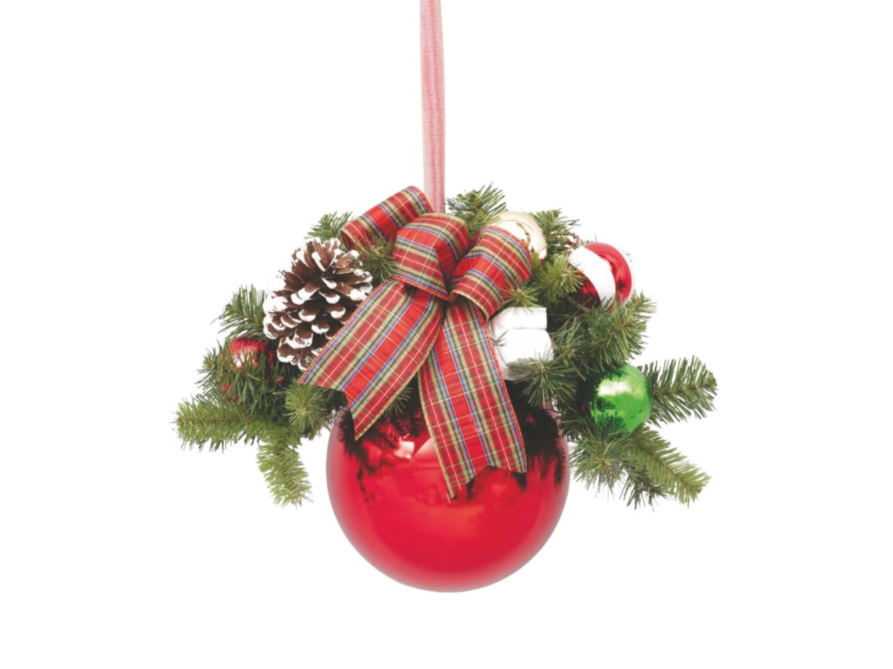 Palla 20cm rossa con rami, nastro scozzese e bacche rosse