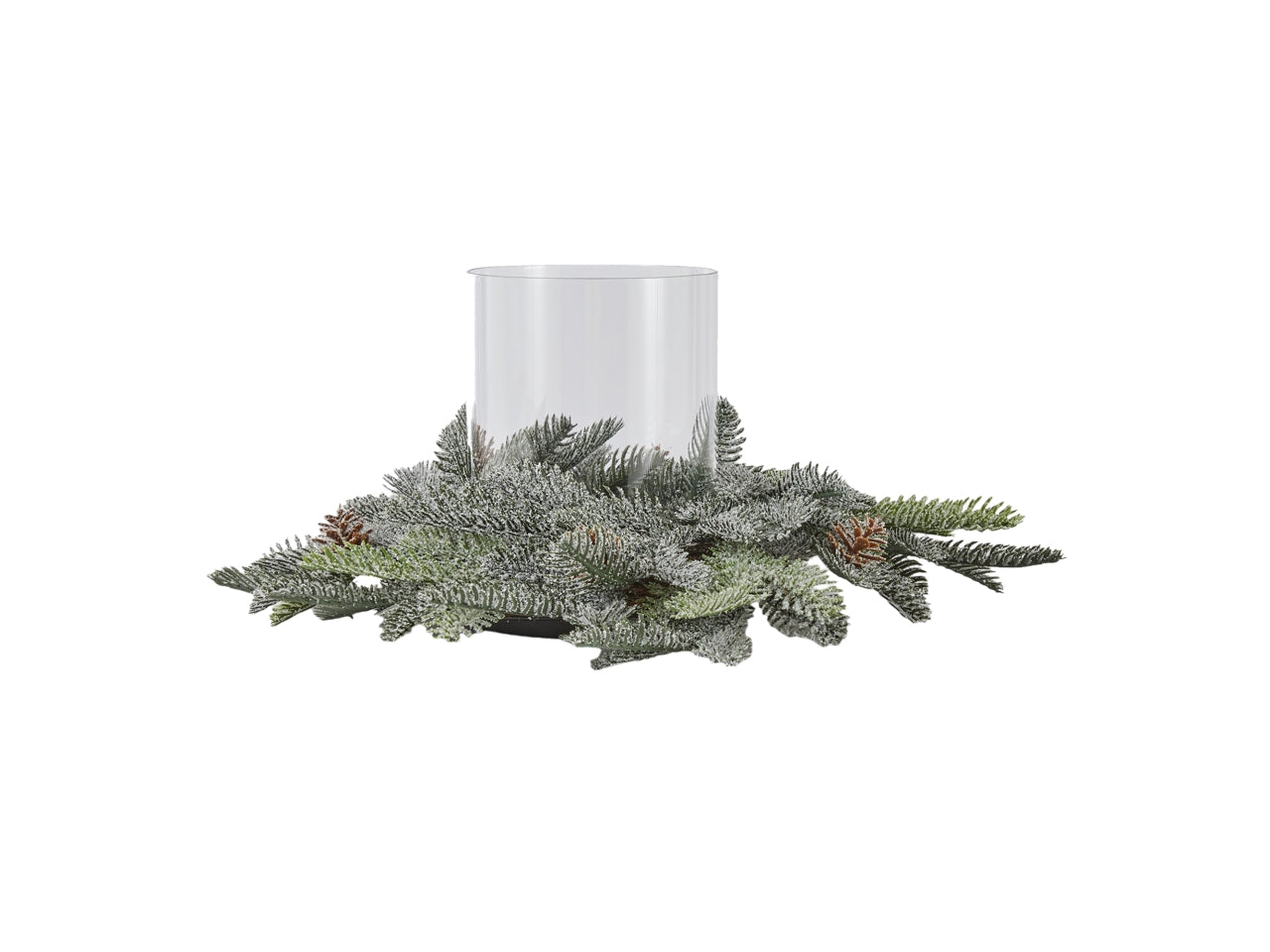 Centrotavola pino sherwood innevato 38cm con bicchiere in vetro