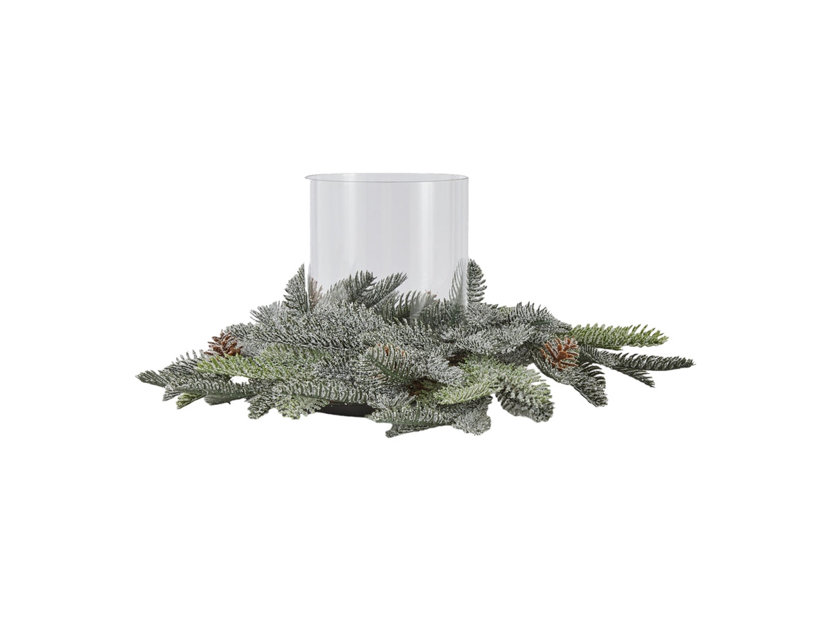 Centrotavola pino sherwood innevato 38cm con bicchiere in vetro