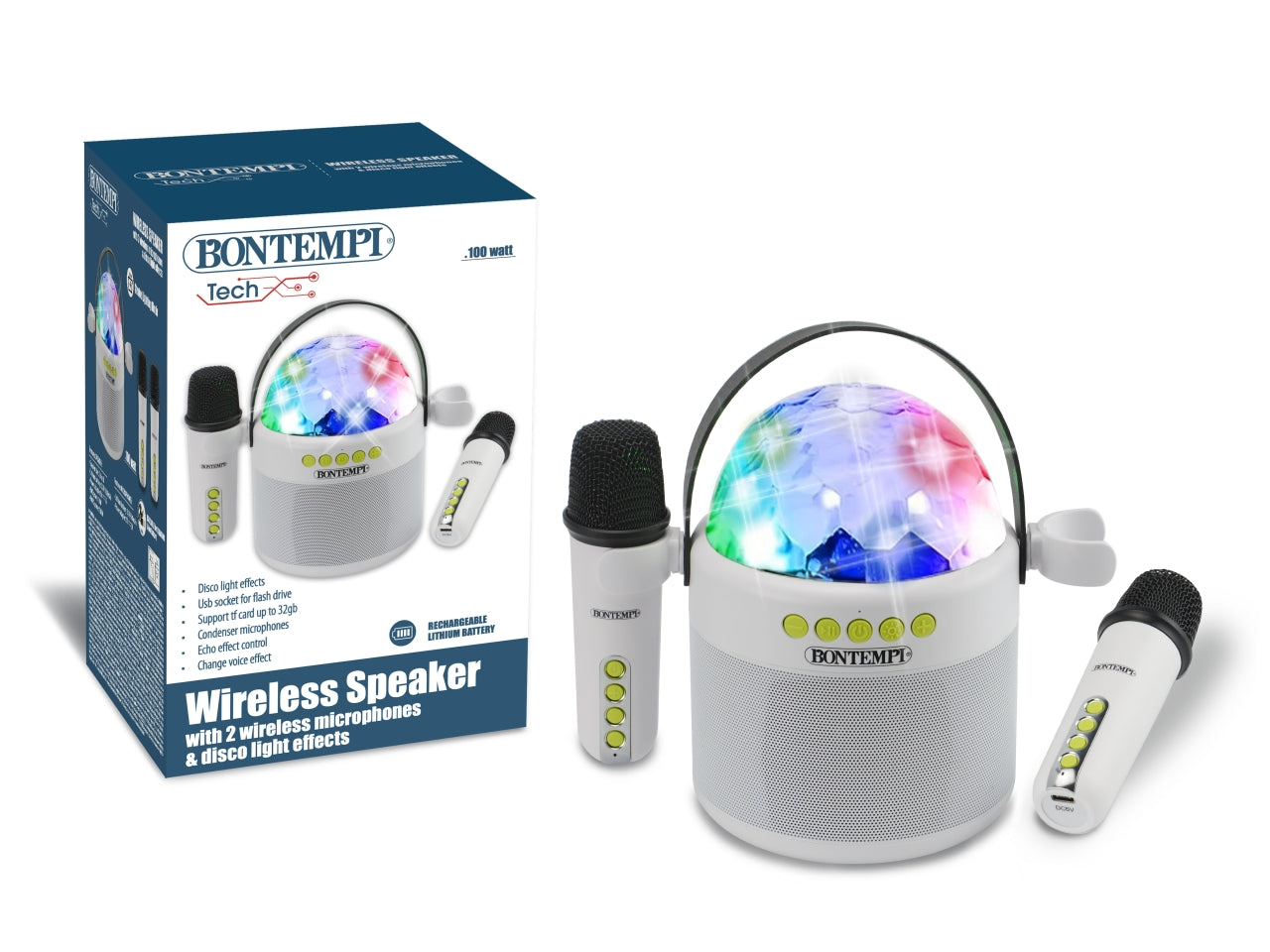 Cassa acustica wireless con 2 microfoni senza filo e sfera luci led da discoteca