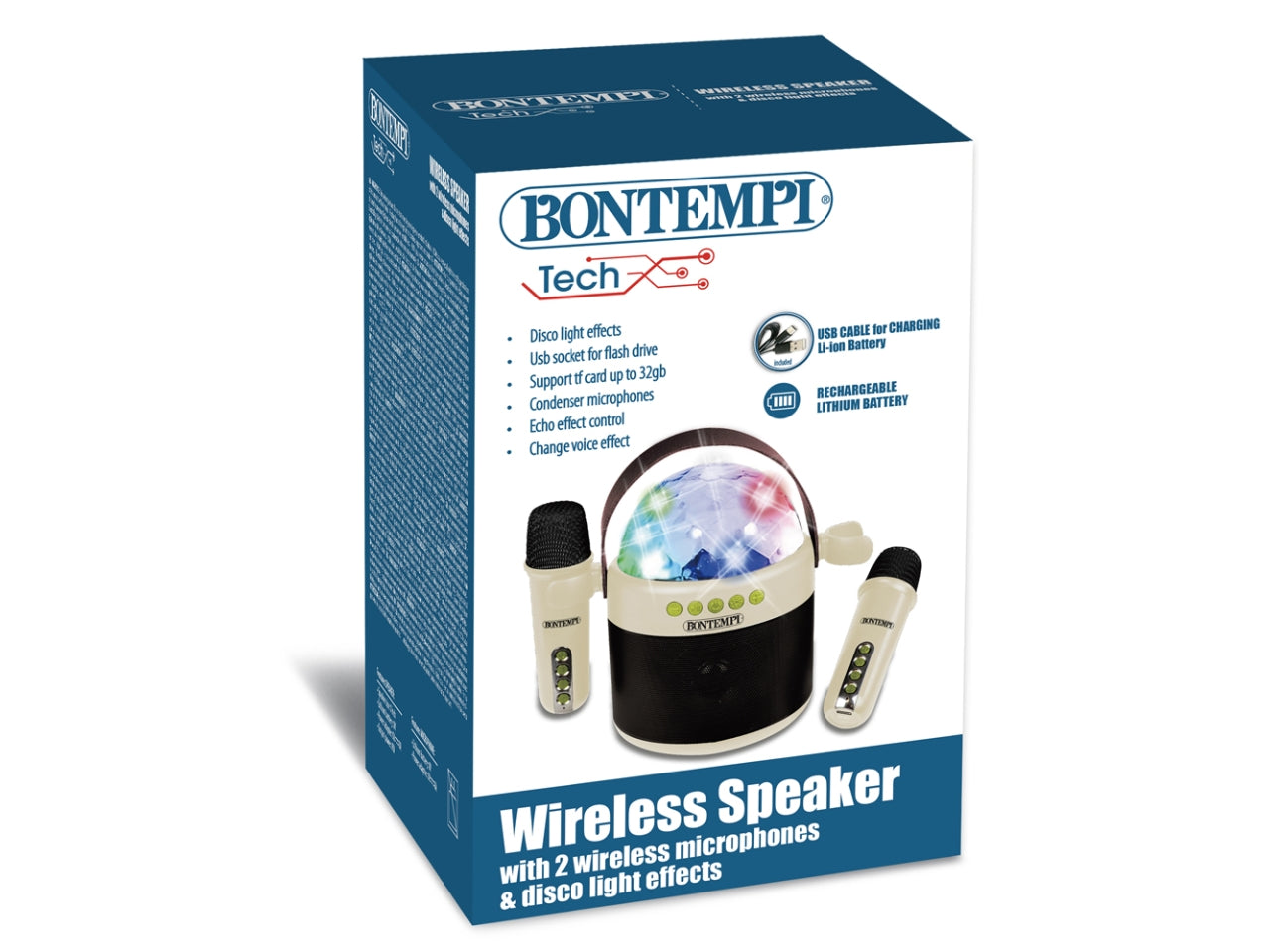 Cassa acustica wireless con 2 microfoni senza filo e sfera luci led da discoteca