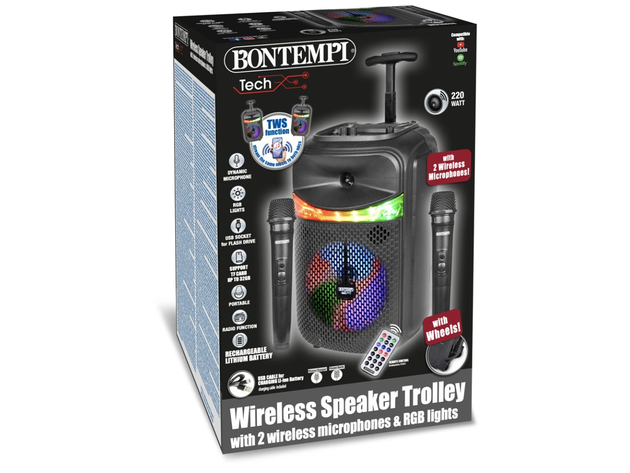 cassa wireless trolley con 2 microfoni wireless e luci RGB