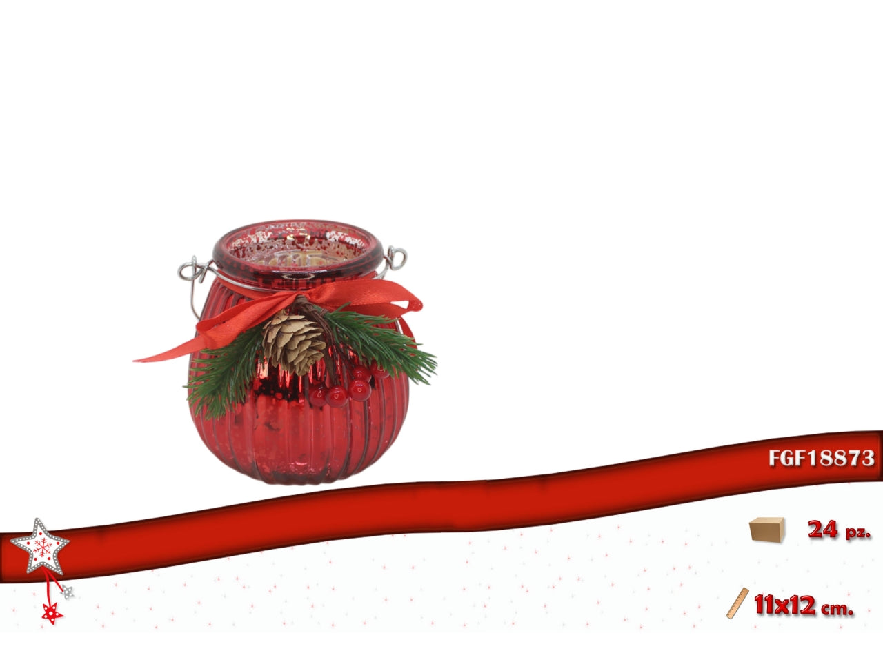 Porta tealight in vetro 11x12cm rosso con pigna e fiocchetto