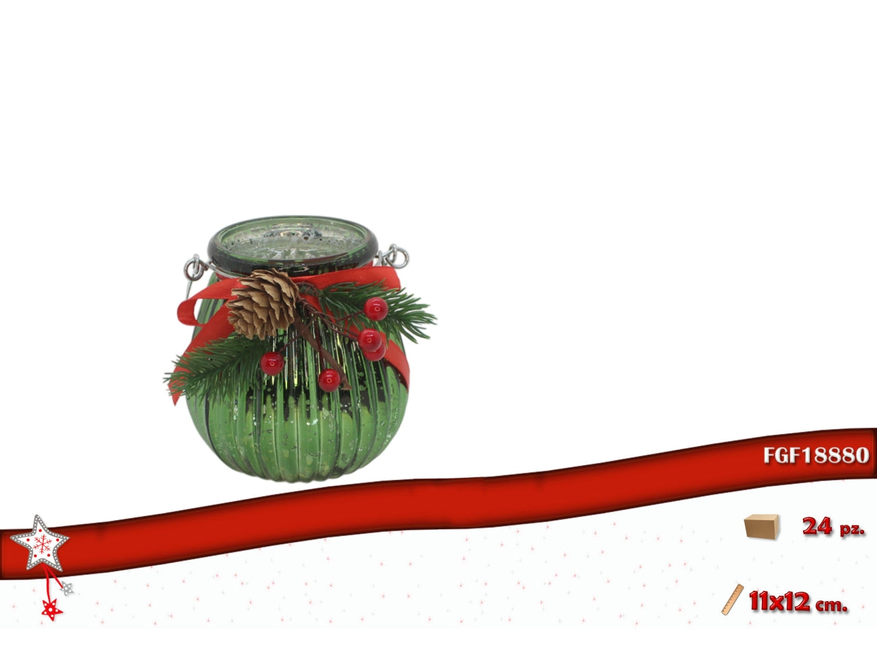 Porta tealight in vetro 11x12cm verde con pigna e fiocchetto