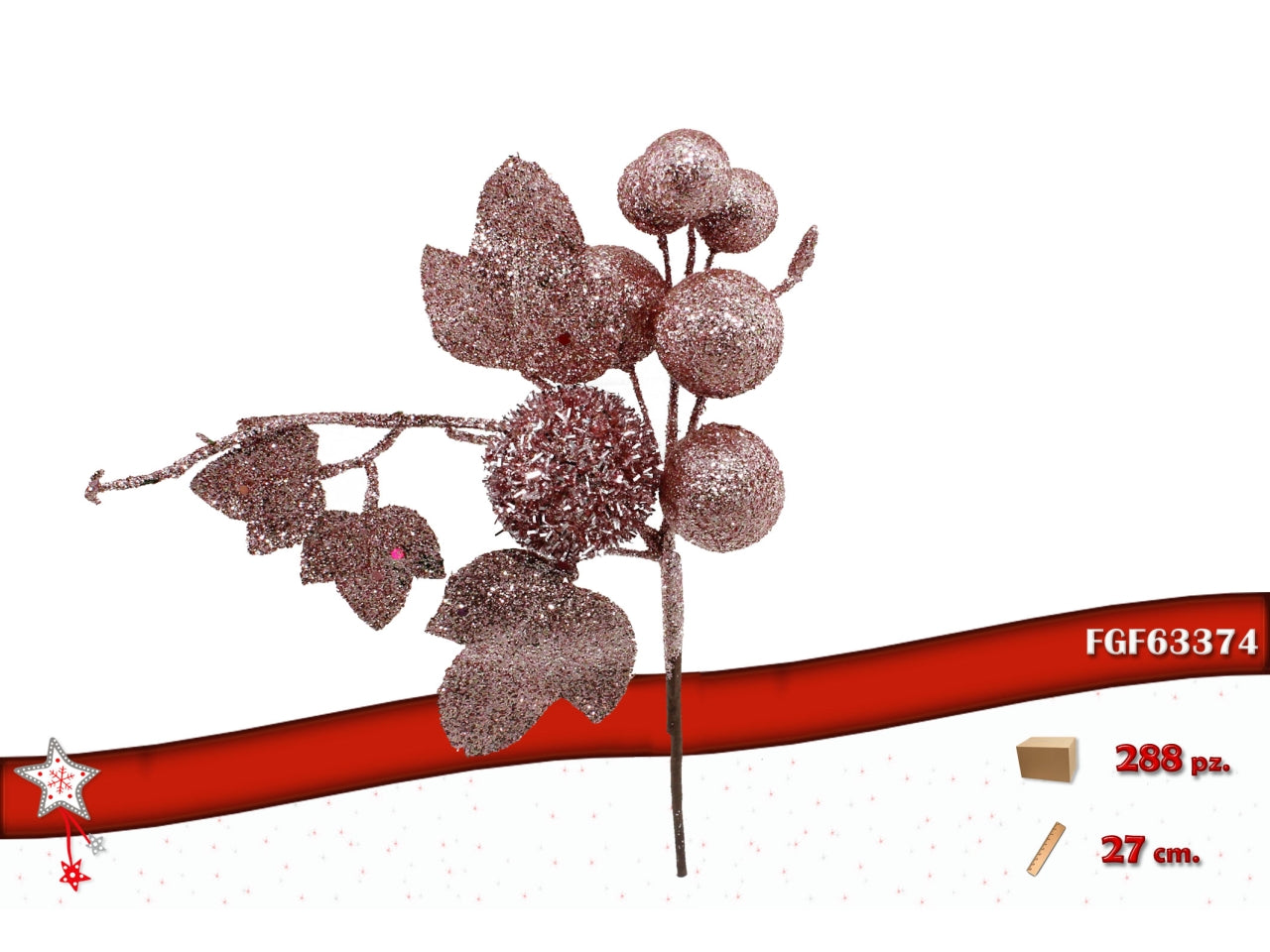 Ramo bacche 27cm glitterato rosa