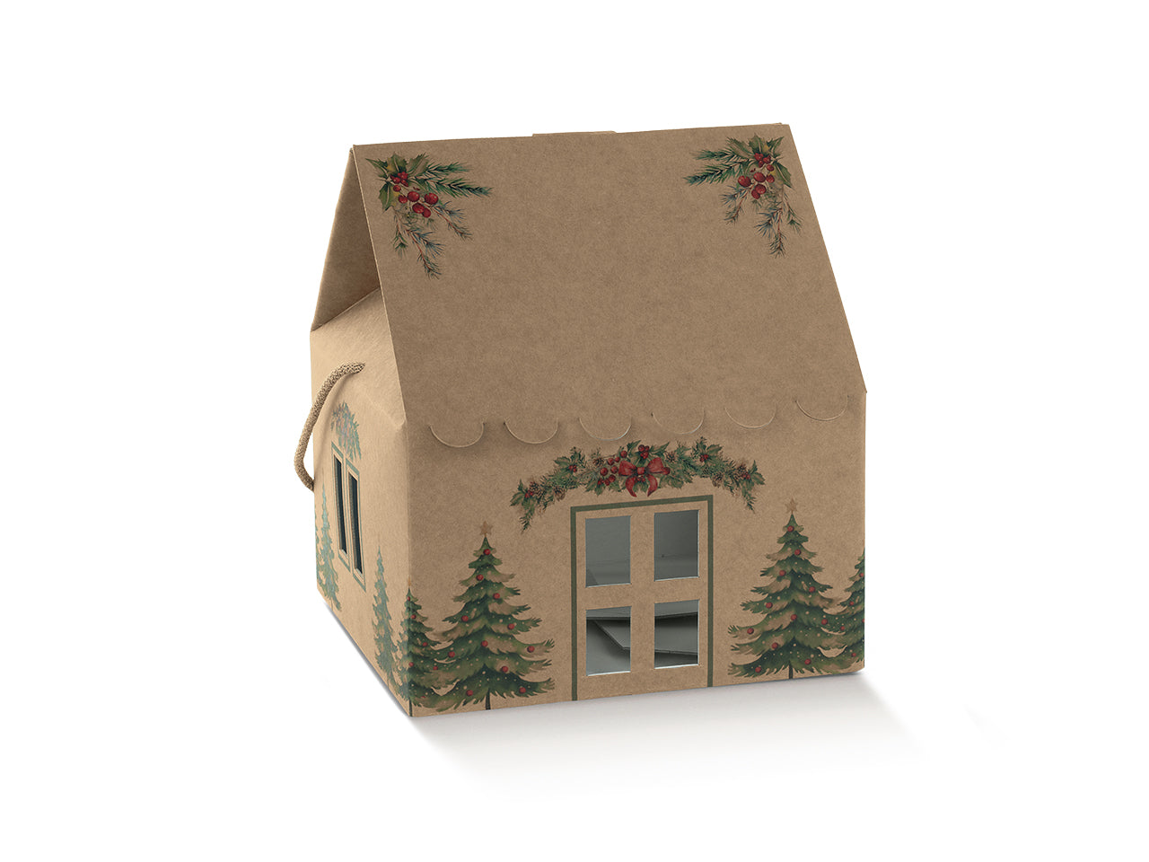 Pini verdi scatola casa con cordini 20x14x14cm avana