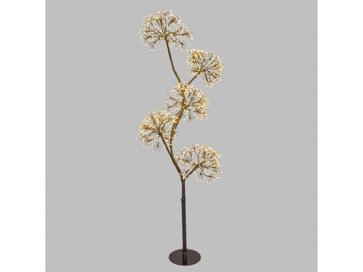 Albero 120cm ramo marrone con 5 sfere a ciuffi diametro 20cm 1200microled bianco caldo e giochi di luce flashled diamond per uso interno/esterno IP44