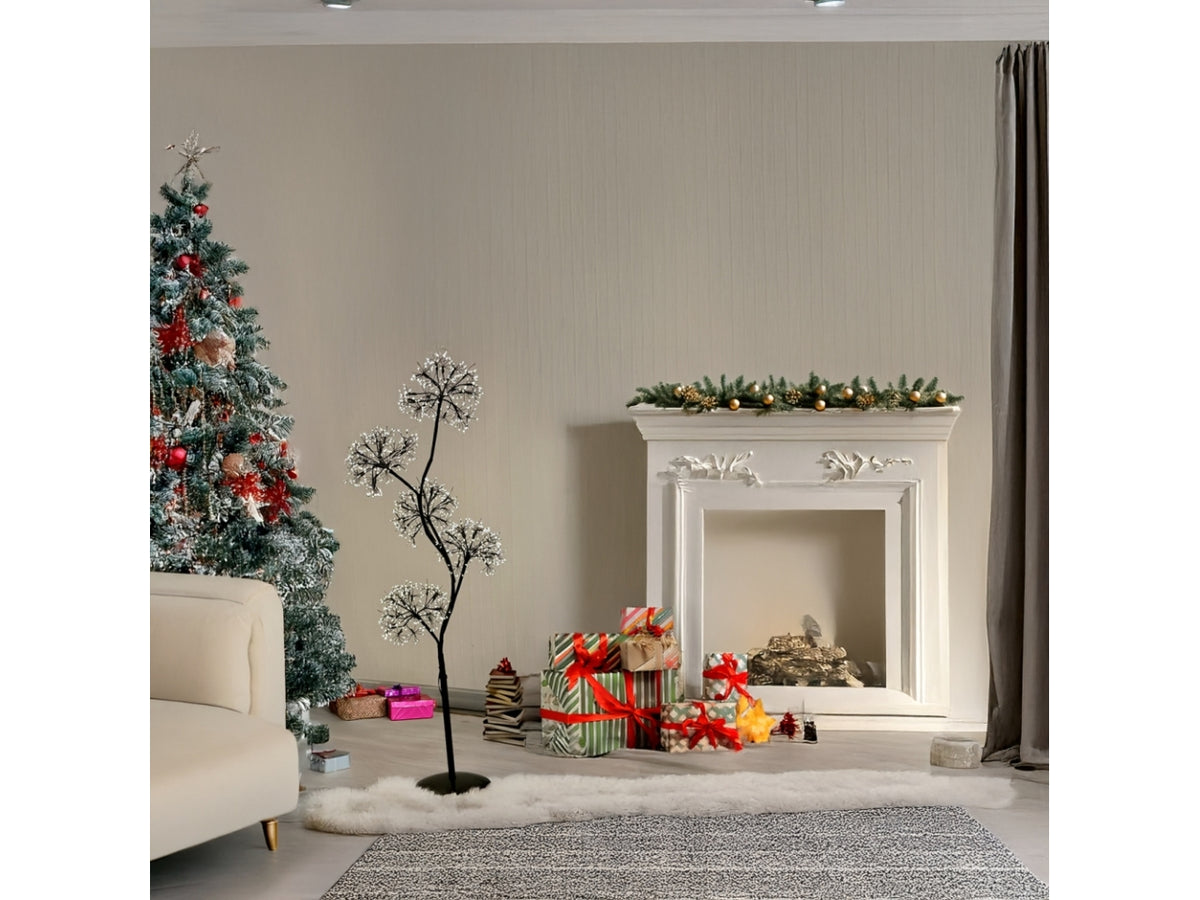Albero 120cm ramo marrone con 5 sfere a ciuffi diametro 20cm 1200microled bianco caldo e giochi di luce flashled diamond per uso interno/esterno IP44