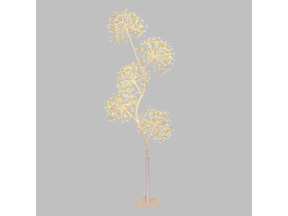 Albero 120cm ramo bianco con 5 sfere a ciuffi diametro 20cm 1200microled bianco caldo e giochi di luce flashled diamond per uso interno/esterno IP44